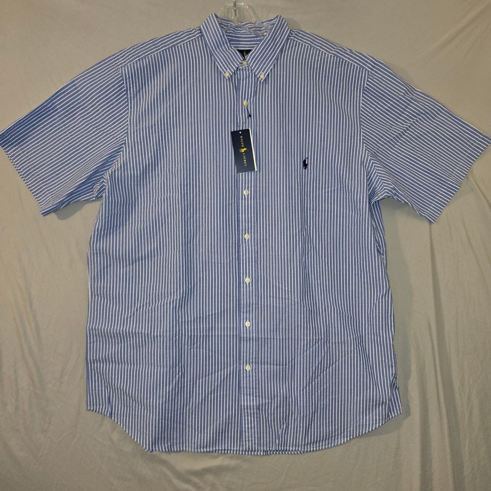 Ralph Lauren Button Down Shirt XLT Mens Blue Striped Seersucker SS Tall Pony